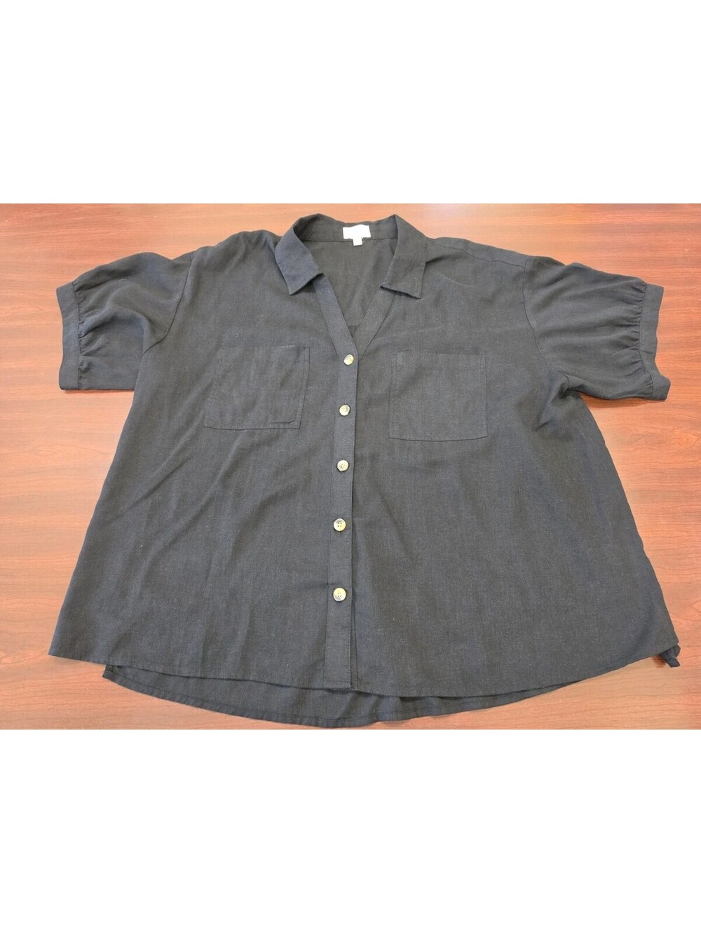 Wonderly 1X Black Linen Lyocell Button Front Shirt Puff Sleeve Coastal Grandma
